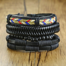 Load image into Gallery viewer, Vnox Mix 4Pcs/ Set Braided Wrap Leather Bracelets for Men Women Vintage Wooden Beads Ethnic Tribal Wristbands Bracelet Rudder