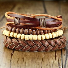 Load image into Gallery viewer, Vnox Mix 4Pcs/ Set Braided Wrap Leather Bracelets for Men Women Vintage Wooden Beads Ethnic Tribal Wristbands Bracelet Rudder